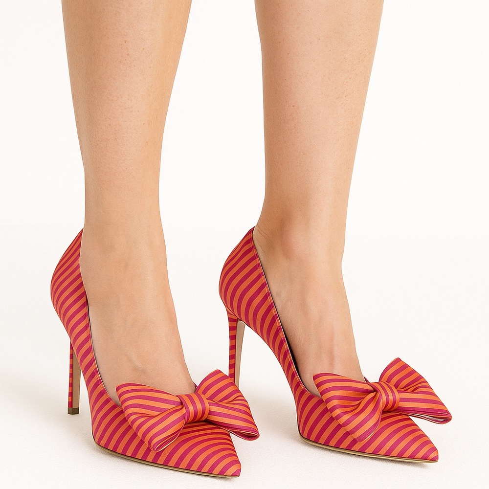 Kurt Geiger Carvela Striped Satin Shoes Gold Pink Statement Bow Heels US 7 EU 38